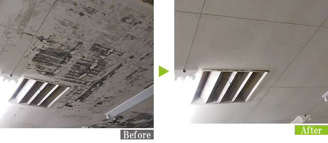 カビ・汚れのスーパーマーケット天井を環境対応型特殊洗浄G-Eco工法で施工