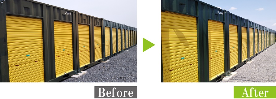 環境対応型特殊洗浄G-Eco工法でコンテナの劣化塗装再生施工（シャッター部除く）